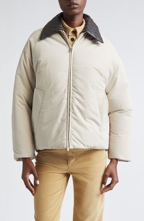 Bottega Veneta Intrecciato Leather Collar Tech Nylon Puffer Jacket in 2674 Grey Putty at Nordstrom, Size 4 Us