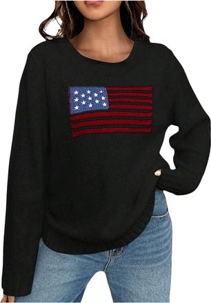 Generic Women Y2K Vintage Oversized Sweater Long Sleeve Crew Neck USA Flag Knit Pullover American Chunky Cable Preppy Knitwear Top