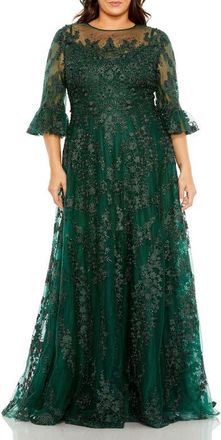 Mac Duggal High Neck Flutter Sleeve Embroidered A Line Gown in Emerald at Nordstrom, Size 20W
