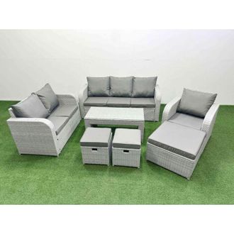 Fimous Patio pe Wicker 9 Seater Outdoor Rattan Furniture Sofa Sets with Oblong Coffee Table Reclining Chair Loveseat Sofa 3 Seater Sofa Stool 2 Side Table