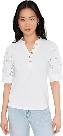 CeCe by Cynthia Steffe Elbow Puff Sleeve Mixed Media Lace Top Womens Clothing Ultra White : LG, Cotton
