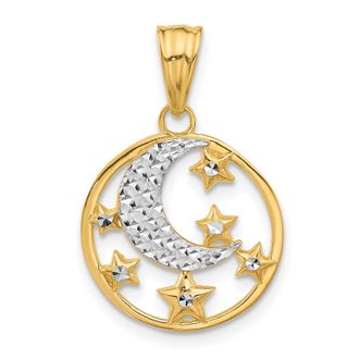 Diamond2Deal 14k Yellow Gold White Rhodium Diamond-Cut Moon Stars Pendant