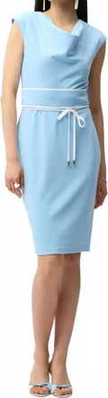 Joseph Ribkoff Cowl Neck Belted Waist Sheath Dress In Sky Blue/vanilla