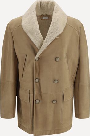 Brunello Cucinelli Curly suede Shearling pea Coat with shawl collar Male XL