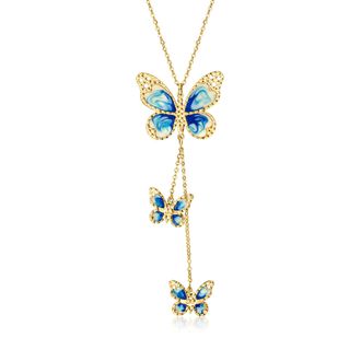 Ross-Simons Italian Blue and Cream Enamel Butterfly Necklace in 10kt Yellow Gold