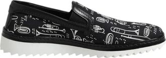 Dolce & Gabbana Gedrukte Slip-On Loafers met Logo Details - Heren - Loafers - Zwart - 42 1/2 EU - Katoen - Schoenen