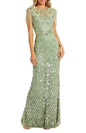 Mac Duggal Womens High Neck Beaded Fringe Fitted Gown in Sage at Nordstrom, Size 10