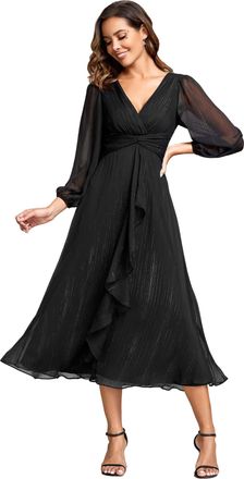 Ever-pretty Women Dress Ruched V Neck Long Lantern Sleeves Lotus Leaf Fall Bridesmaid Wedding Guest Dresses Black 10UK
