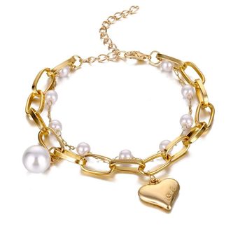 Generic Vintage Pearl Love Heart Thick Chain Bracelet for Women Korean Big Pearl Gold Chain Charms Bracelets Jewelry Gift Clever Fashion
