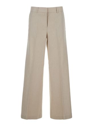 Michael Kors Beige Pants With Wide Leg And Belt Loops In Linen And Cotton Blend Woman