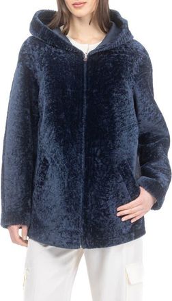 Gorski Textured Reversible Genuine Shearling Zip Parka in Navy at Nordstrom, Size X-Small