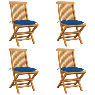 vidaXL Vidaxl - Sillas De Jard&iacute;n 4 Uds Madera Maciza De Teca Con Cojines Azules