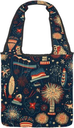 Generic Independence Day Firework Reversible Canvas Shoulder Tote - Double-Sided Print, 12oz Cotton, 27cm Drop, Fold-Flat Bag for Travel, Shopping, Street Out