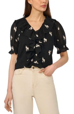 CeCe by Cynthia Steffe Embroidered Floral Ruffle Top in Rich Black at Nordstrom, Size Xx-Small