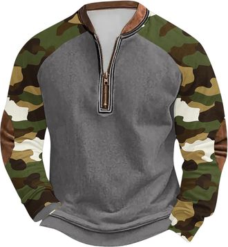 Generic Mens Sweatshirts Camouflage Vintaeg Long Sleeve Jumpers Quarter Zip Jumper Men Round Neck Camo Print Pullover Tops Lightweight Casual Shirt Plus Size 