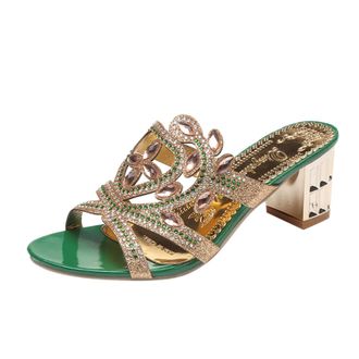 Generic Womens High Heel Slippers with Fish Rhinestone Mouth Design Fashion Thick Sandals for Ladies Comfortable Indoor Outdoor Footwear (Green, 4.5)