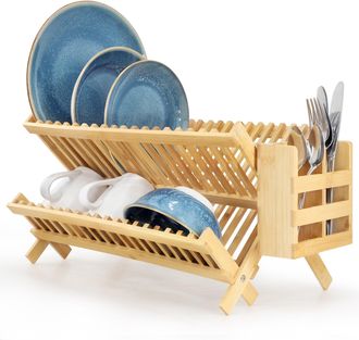 MegaChef 2-Tier Collapsible Kitchen Bamboo Drying Dish Rack with Utensil Holder