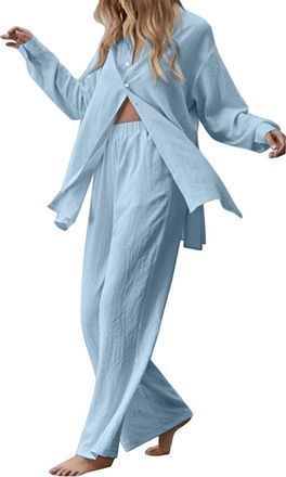 Generic Two Piece Linen Outfit Women UK Plus Size 22, Ladies Linen Co Ord Set Summer Long Sleeve Button Shirts Wide Leg Trousers Casual Comfy Lounge Wear Beac