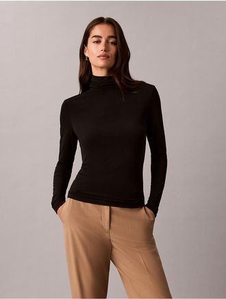Calvin Klein Womens Crepe Jersey Mock Neck Top - Black - XS