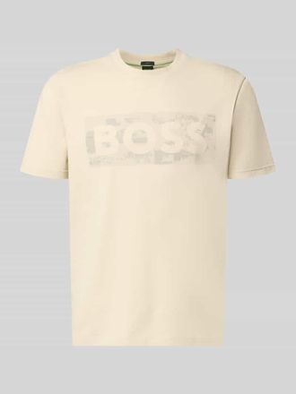 HUGO BOSS Regular Fit T-Shirt aus Baumwoll-Mix Modell TS_GLOBE LOGOPATTERN in Sand, Gr&ouml;&szlig;e XXXL