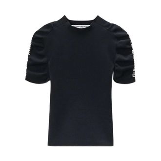 Alexander Wang Truien & Vesten, Dames, Zwart, S, Polyester, Ruched Sleeve Short Sleeve Crewneck