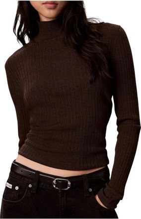 Calvin Klein Dolcevita a coste in lana merino - - Knitwear - Donna - Marrone - S