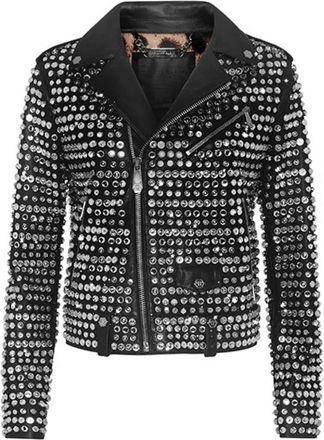 Philipp Plein Crystal Biker - Dames - Leren en Su&egrave;de Jassen - Zwart - S - Leer - Jassen