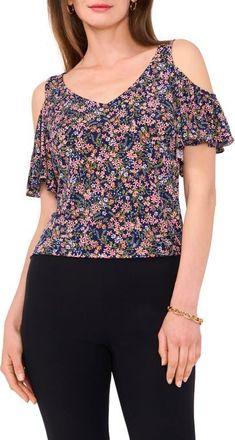 Chaus Floral Cold Shoulder Jersey Top in Jbs Navy at Nordstrom, Size Medium