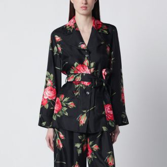 Dolce & Gabbana Camicia Vanity nera con stampa Bouquet rose