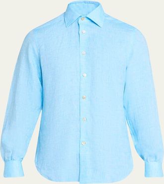Kiton Mens Solid Linen Button-Down Shirt with Mother-Of-Pearl