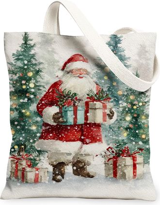 Generic Christmas Santa Canvas Tote Bags, Vintage Art Pattern Reusable Grocery Bags, Lightweight Washable Shoulder Strap for Travel, Red, 13x15 Inch