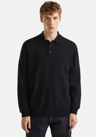 Benetton Langarm-Poloshirt, Herren, Gr. XL, schwarz, Strick, Obermaterial: 100% Schurwolle, UNITED COLORS OF BENETTON, Rippb&uuml;ndchen, Shirts Langarm-Poloshirt