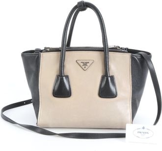 Prada Beige Black Leather Shoulder Bag Tote Bag (Pre-Owned)