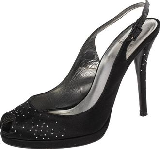 Stuart Weitzman Black Satin Peep Toe Slingback Sandals