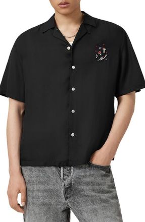AllSaints Fungi Embroidered Camp Shirt in Jet Black at Nordstrom, Size Xx-Large