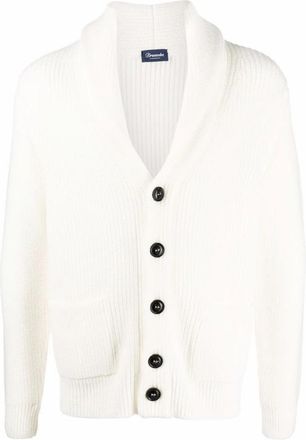 Drumohr Geribbelde cardigan - Heren - Vesten - Wit - M - Wol - Truien & Vesten