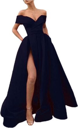 Generic Long Dresses for Women UK Party Evening Elegant Prom Dress Deep V Off Shoulder Slit Elastic Waist Dress Vintage A-Line Long Dresses Wedding Bridesmaid