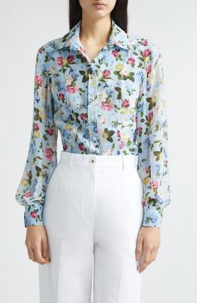 Carolina Herrera Isabella Floral Silk Crepe Button-Up Shirt in Cloudy Blue Multi at Nordstrom, Size 10