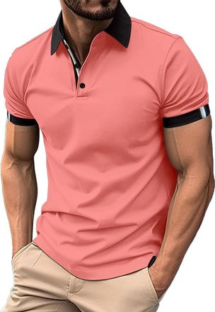 Generic Polo Shirts for Men Stretch Quick Dry Performance Golf Polos Casual Button Contrasting Color Collared Tennis Muscle Tee Tops (Pink,L)