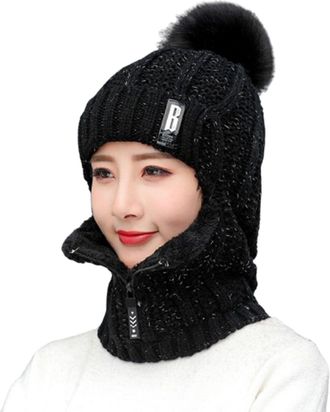 Generic Winter Siamese Windproof Hat, 3 in 1 Winter Knitted Beanie Hat, Women Windproof Warm Siamese Scarf Knitted Hat (UK, Alpha, One Size, Black)