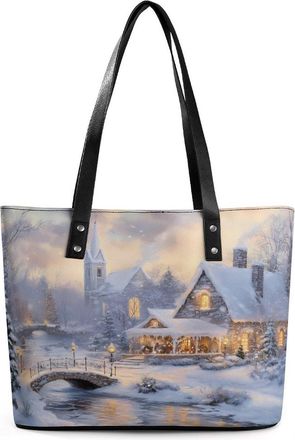 Generic Winter Village Snowy Scene Tote Bags for Women Cute Shoulder Purses Handbags