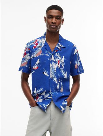 Tommy Hilfiger Mens Tommy Jeans Sailboat Print Camp Shirt - Blue - XL