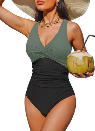 Holipick Women Tummy Control One Piece Swimsuit - Push Up Bathing Suit Full Coverage Slimming Swimwear, Green and Black, Medium