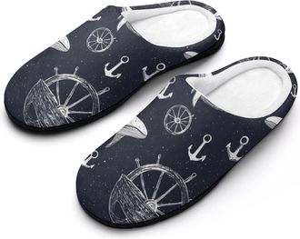 Generic Nautical Whales Steering Wheels Cotton Slippers for Women Indoor Outdoor Slipper Slip-On Memory Foam Home Shoes