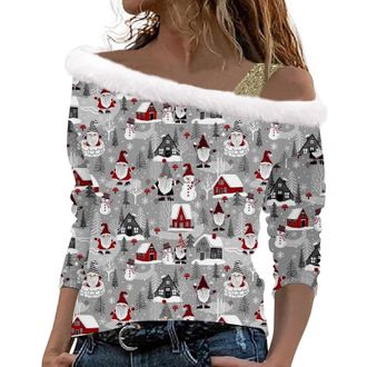 Generic Christmas Jumpers for Women Off Shoulder Wine Glass Print Oversized Sweatshirt Funny Novelty Xmas Print Tops for Women UK Long Sleeve Cold Shoulder Ho