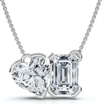 Pompeii3 2Ct Toi Et Moi Heart Emerald Diamond Pendant 14k Gold 18 Necklace Lab Grown