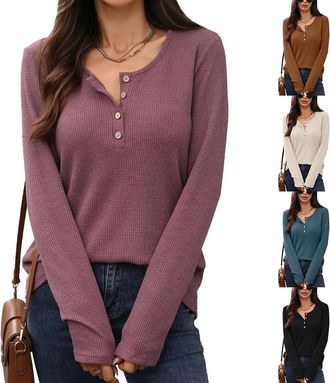 Generic Womens Long Sleeve Waffle Knit Henley Top Casual Loose Fit Button Up T-Shirt Blouse for Autumn Winter (UK, Alpha, L, Regular, Regular, Brick Red)