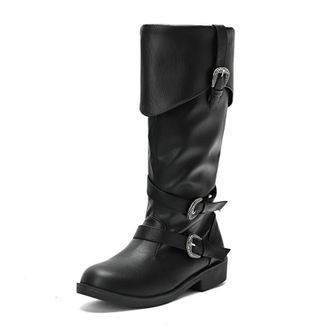 Generic Womens Round Toe Mid-Calf Boots PU Leather Long Boots with Side Zipper Flat Heel Knight Boot with Buckle,Black,3.5 UK