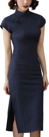 Generic Elegent Chinese Cheongsam Floral Short Sleeve Side Slit Slim Fit Qipao Mandarin Collar Bodycon Costume, 65-navy, L