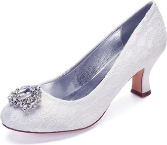 Generic Bridal Round Toe Pumps Womens Comfortable Low Kitten Heel Dress Shoes Wedding Shoes Slip on Work Pumps 6.5Cm,White,5 UK